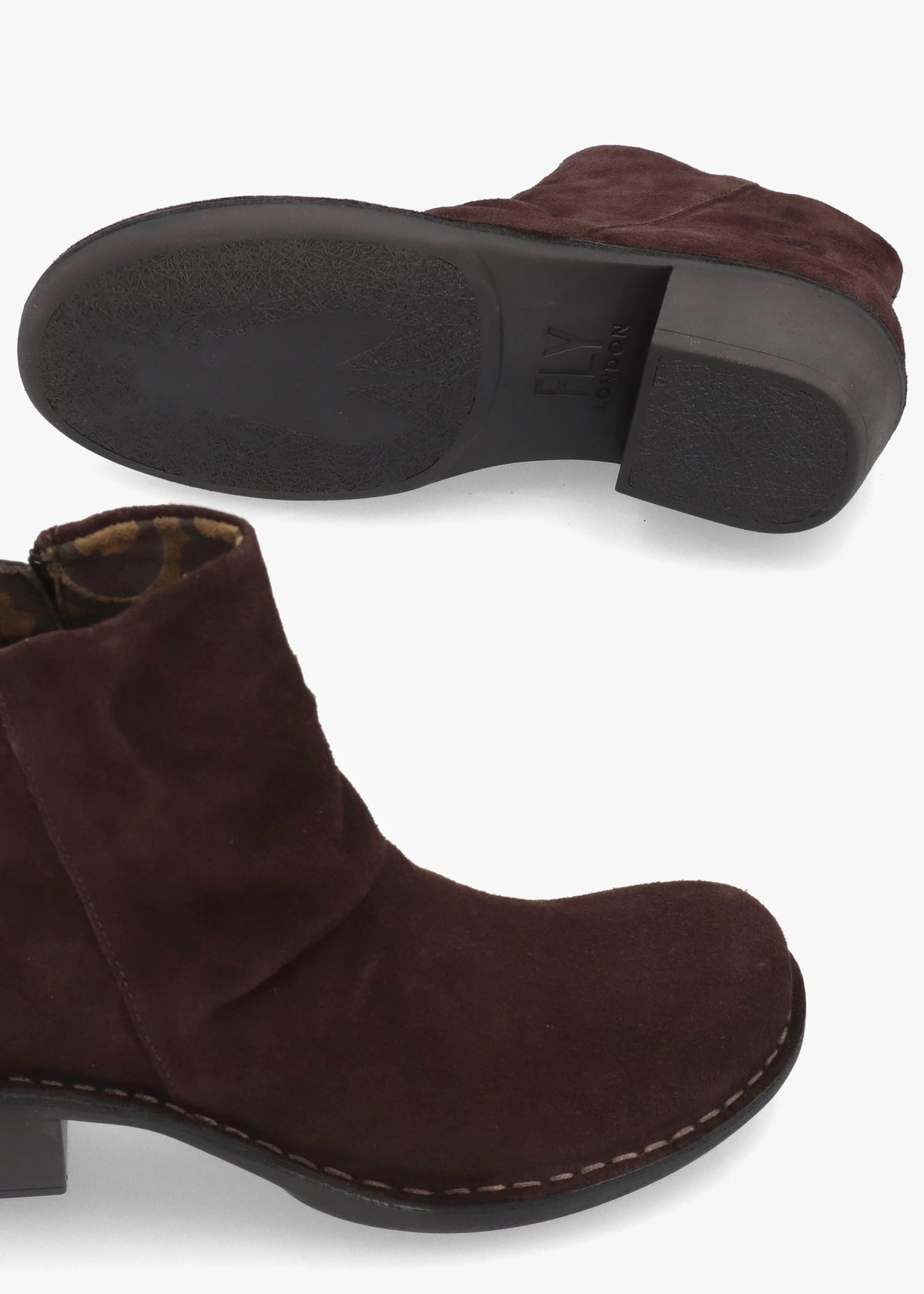 Fly London Muke Brown Suede Ruched Block Heel Ankle Boots