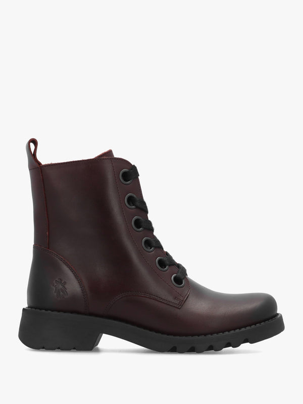 Fly London Ramy Burgundy Leather Lace Up Ankle Boots