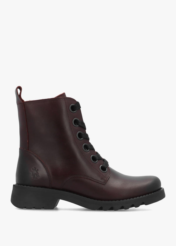 Fly London Ramy Burgundy Leather Lace Up Ankle Boots