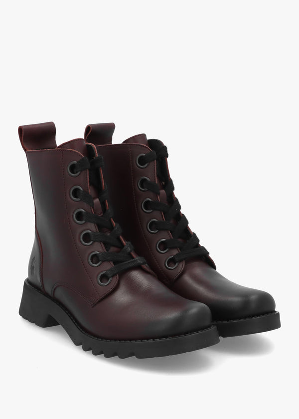 Fly London Ramy Burgundy Leather Lace Up Ankle Boots