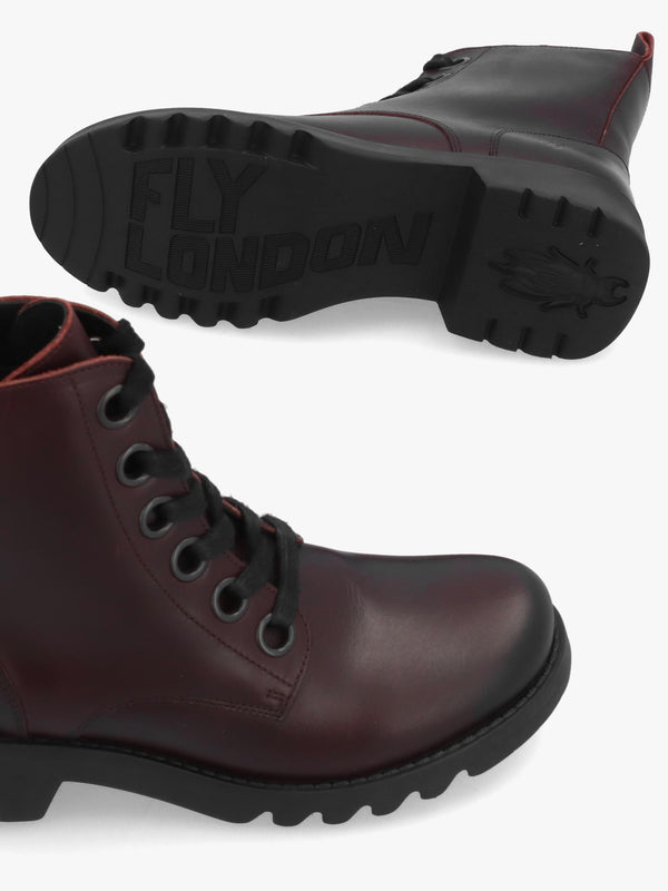 Fly London Ramy Burgundy Leather Lace Up Ankle Boots