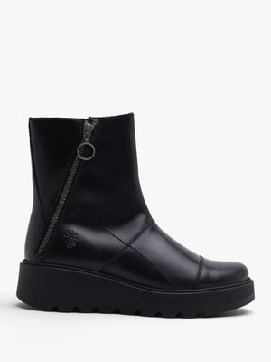 Fly London Tarp Black Leather Low Wedge Ankle Boots