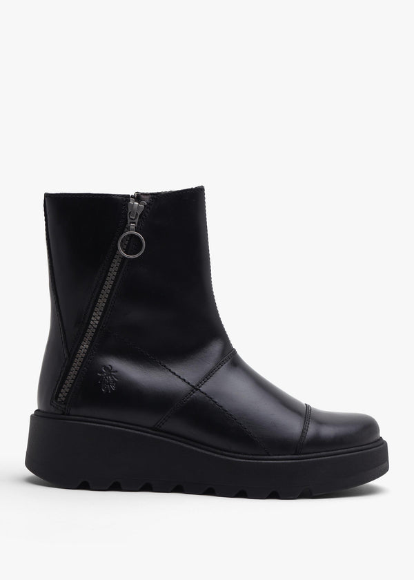 Fly London Tarp Black Leather Low Wedge Ankle Boots