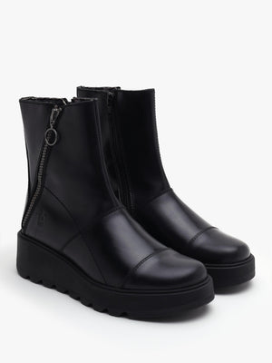 Fly London Tarp Black Leather Low Wedge Ankle Boots