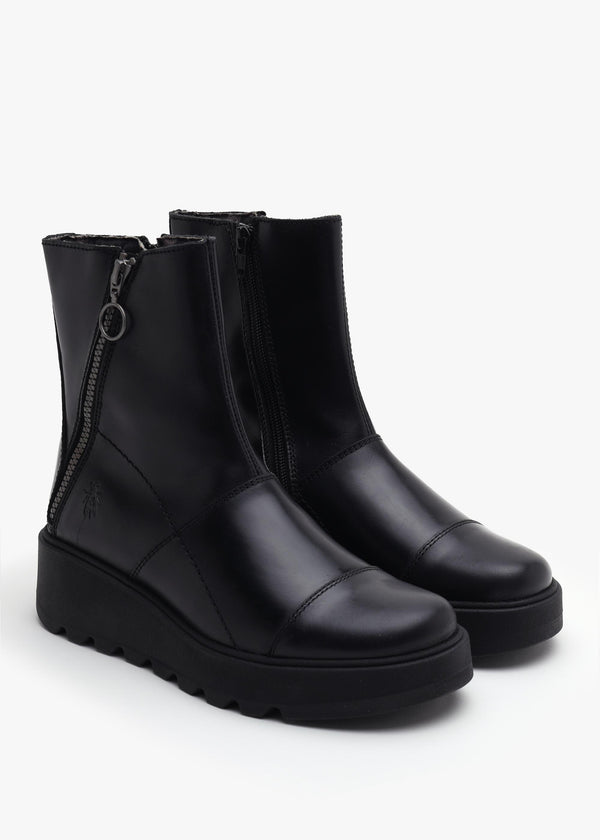 Fly London Tarp Black Leather Low Wedge Ankle Boots