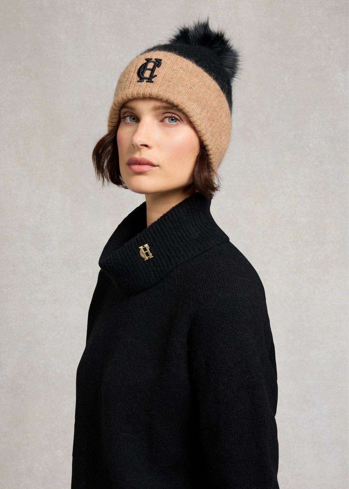 HOLLAND COOPER Chelsea Black Wool Mix Bobble Hat