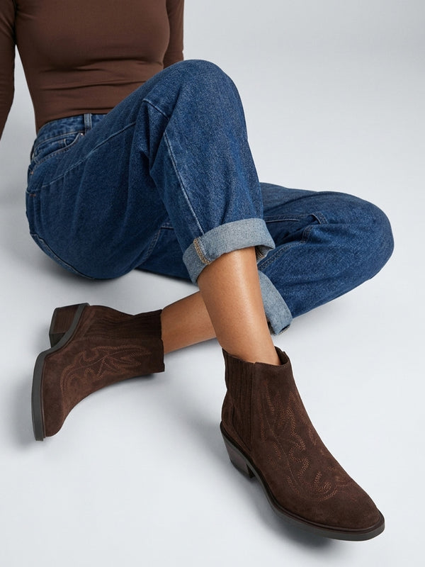 Ikes Brown Suede Embroidered Western Ankle Boots