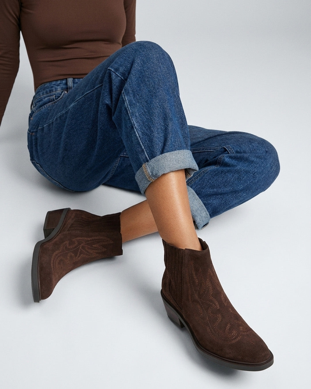 Ikes Brown Suede Embroidered Western Ankle Boots