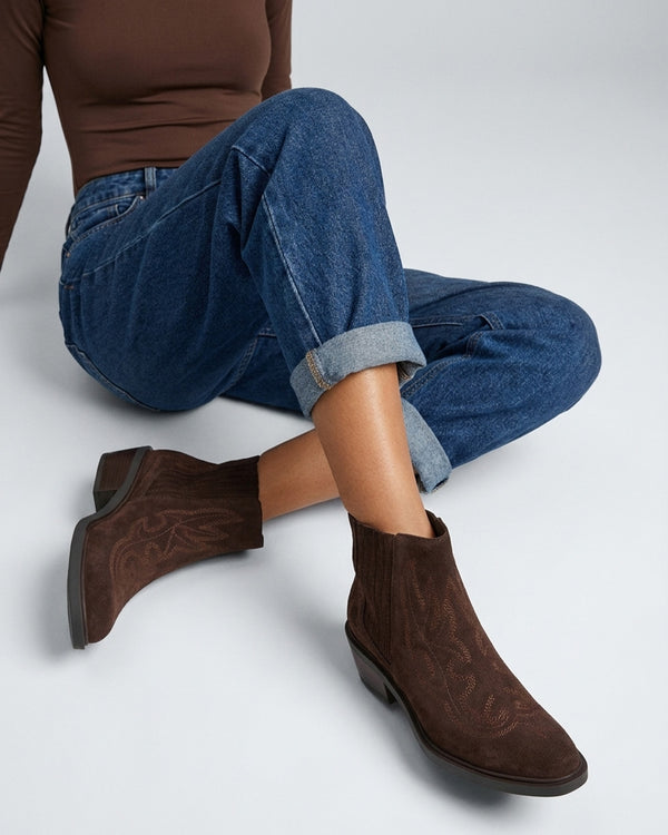 Ikes Brown Suede Embroidered Western Ankle Boots