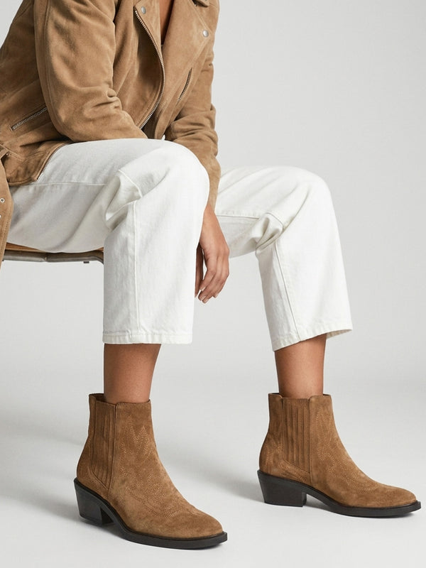 Ikes Tan Suede Embroidered Western Ankle Boots