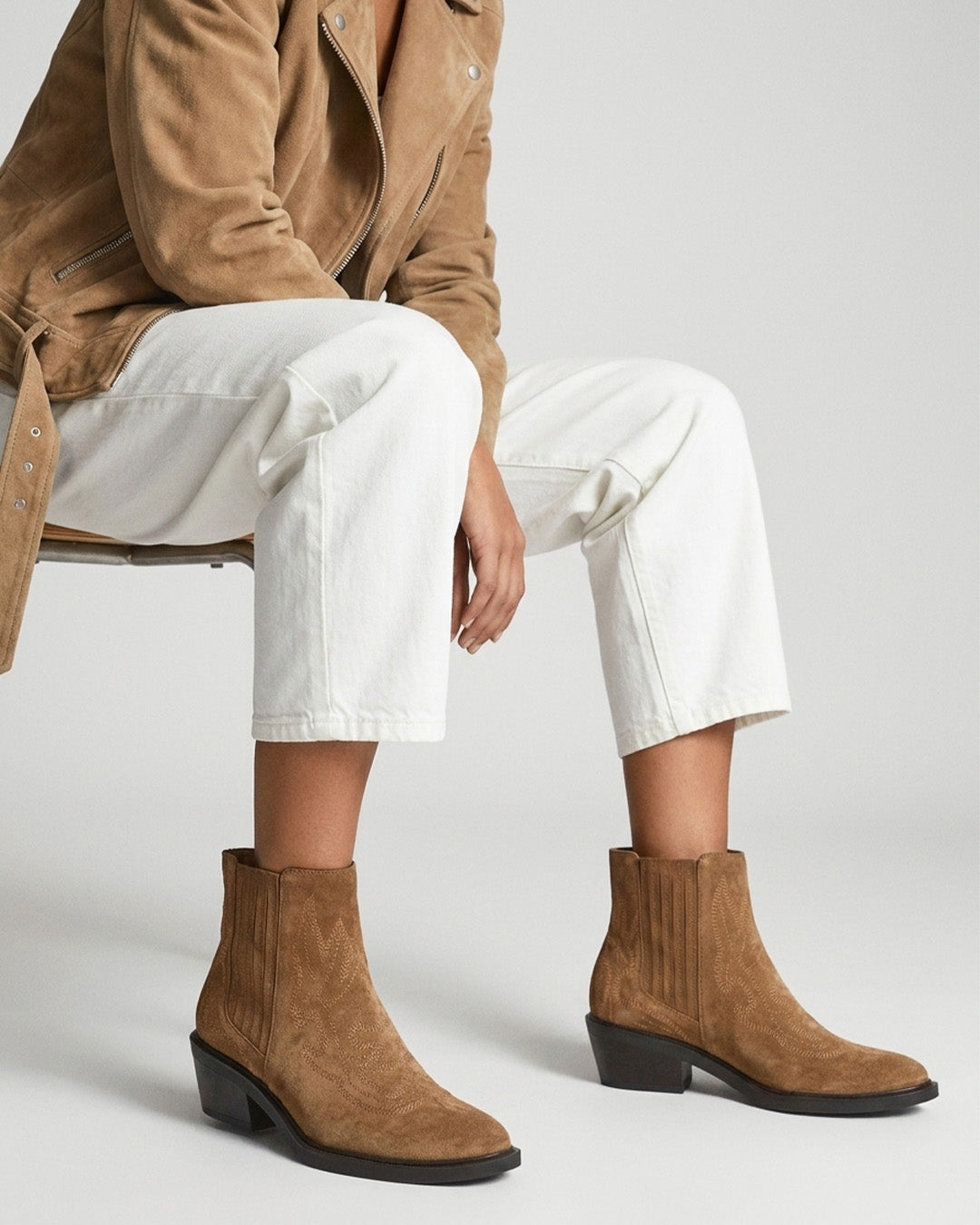 Ikes Tan Suede Embroidered Western Ankle Boots