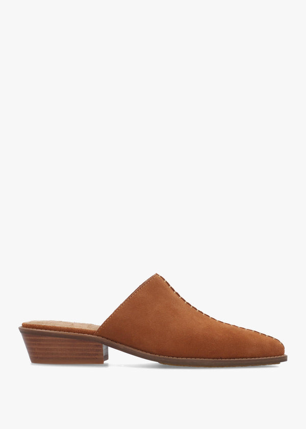 Pierce Burnt Cognac Suede Closed Toe Low Heel Mules