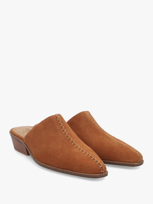 Pierce Burnt Cognac Suede Closed Toe Low Heel Mules