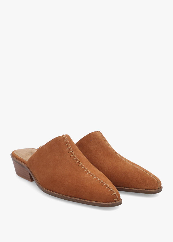 Pierce Burnt Cognac Suede Closed Toe Low Heel Mules