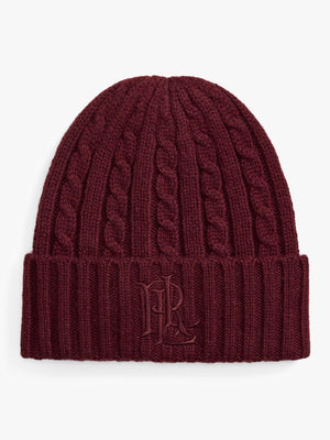 Lauren Ralph Lauren Embroidered Logo Cable Knit Burgundy Beanie Hat