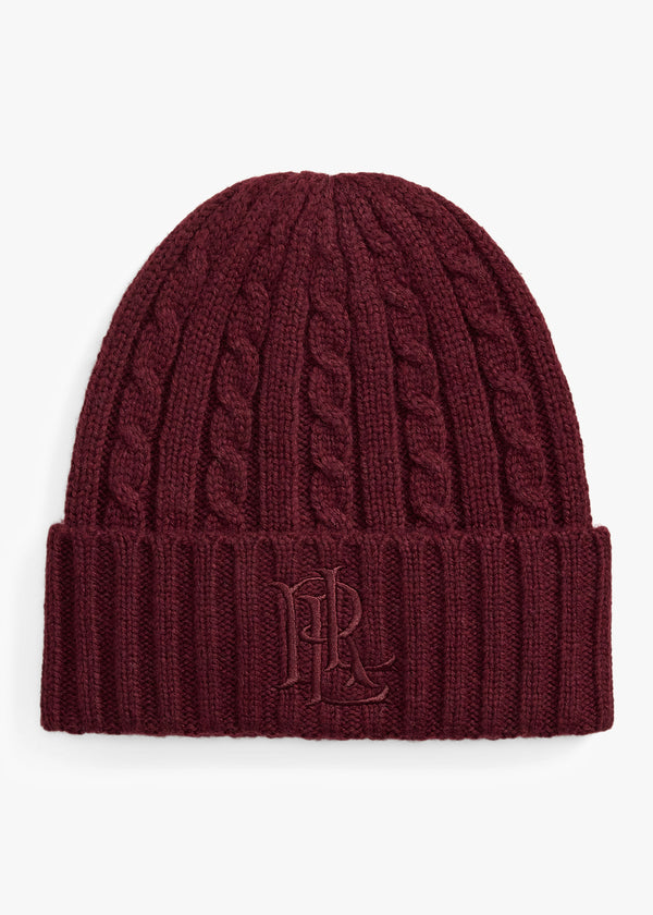 Lauren Ralph Lauren Embroidered Logo Cable Knit Burgundy Beanie Hat