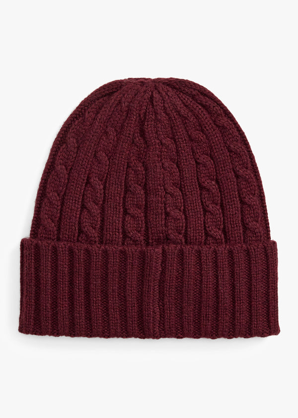 Lauren Ralph Lauren Embroidered Logo Cable Knit Burgundy Beanie Hat