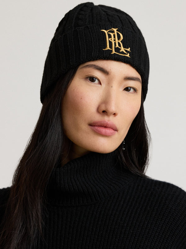 Lauren Ralph Lauren Embroidered Logo Cable Knit Black Beanie Hat