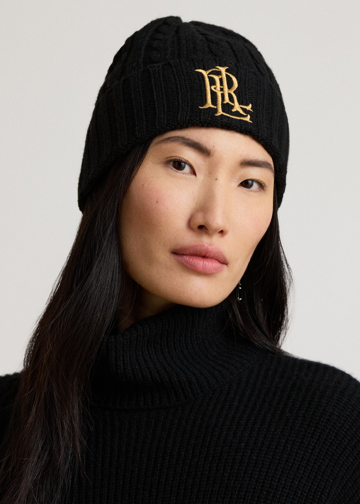 Lauren Ralph Lauren Embroidered Logo Cable Knit Black Beanie Hat
