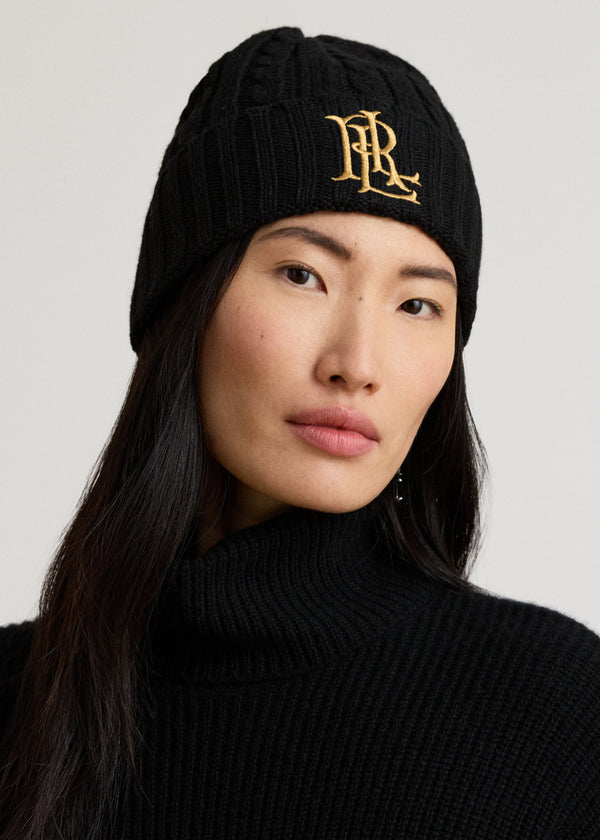 Lauren Ralph Lauren Embroidered Logo Cable Knit Black Beanie Hat