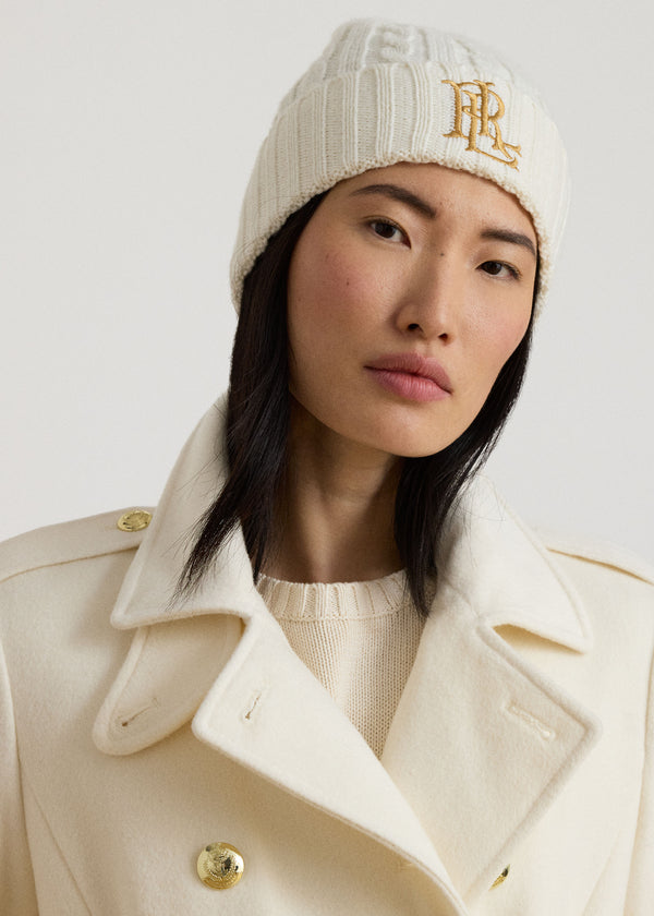 Lauren Ralph Lauren Embroidered Logo Cable Knit Cream Beanie Hat