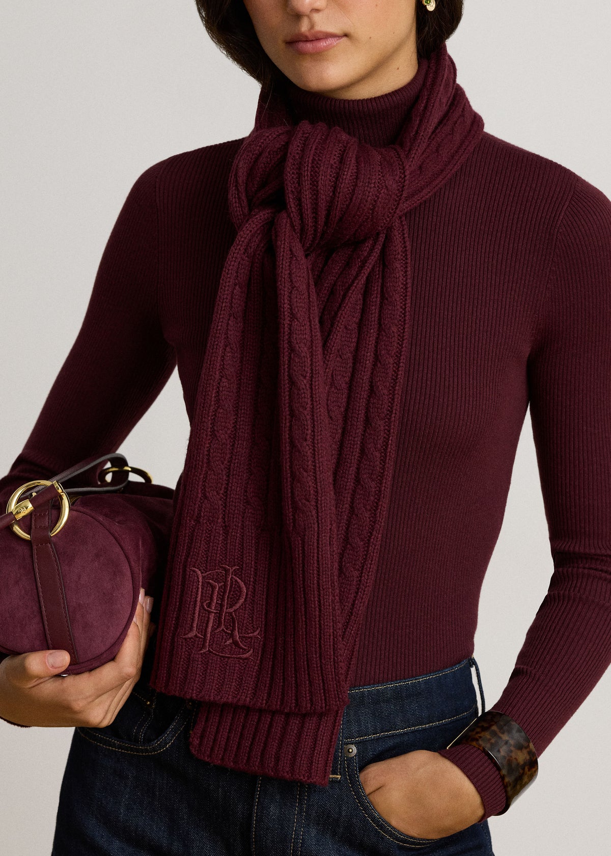Embroidered Logo Cable Knit Burgundy Scarf