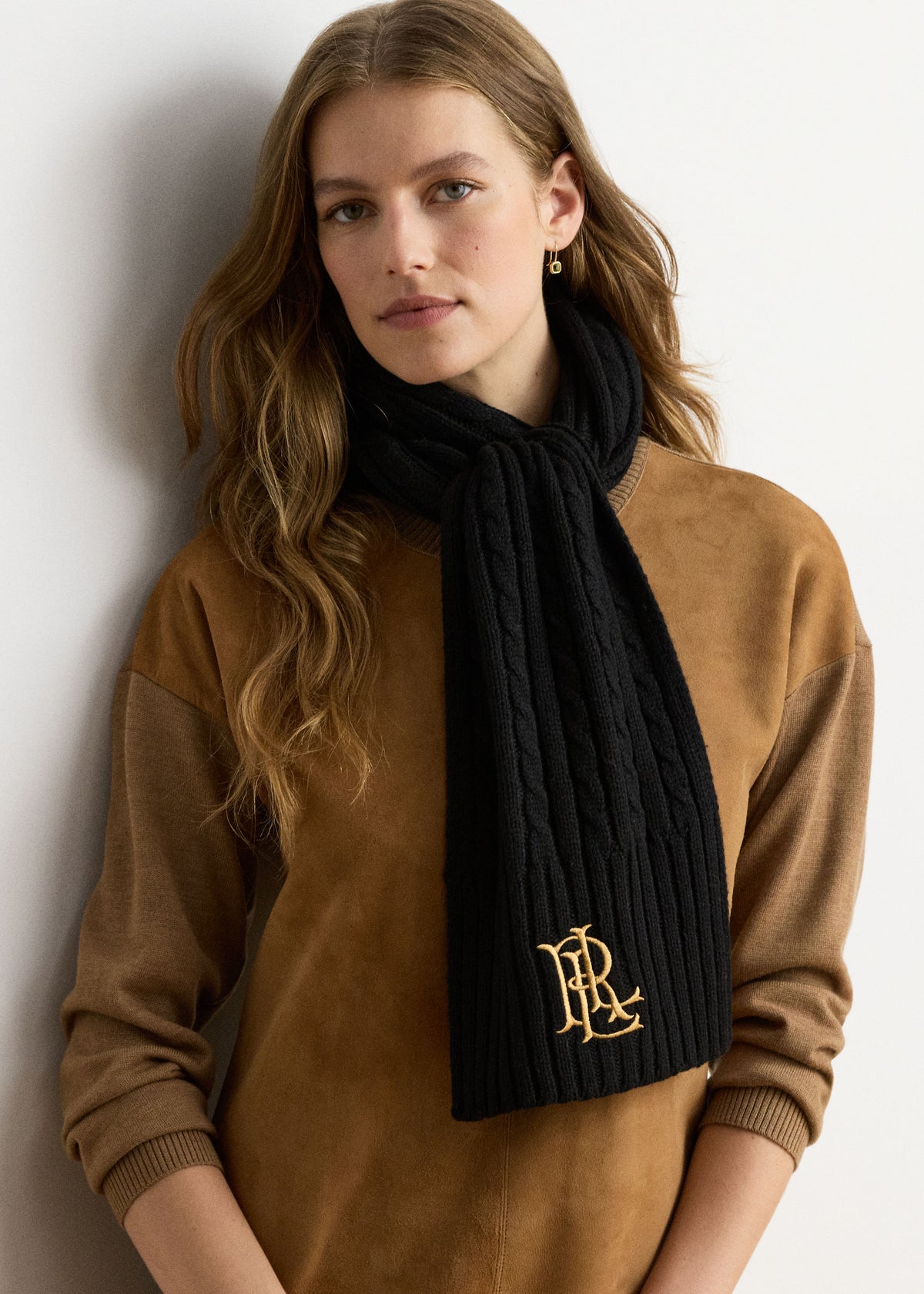 Embroidered Logo Cable Knit Black Scarf