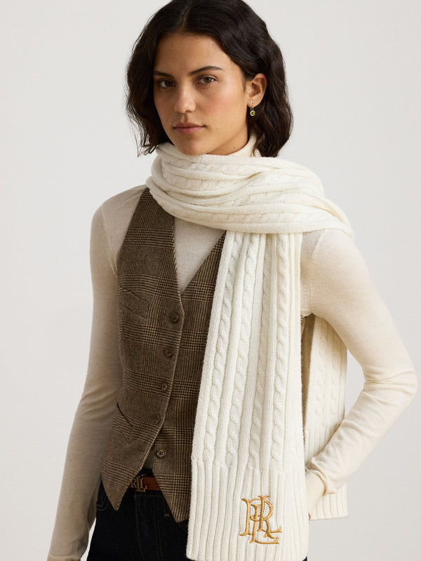 Embroidered Logo Cable Knit Cream Scarf