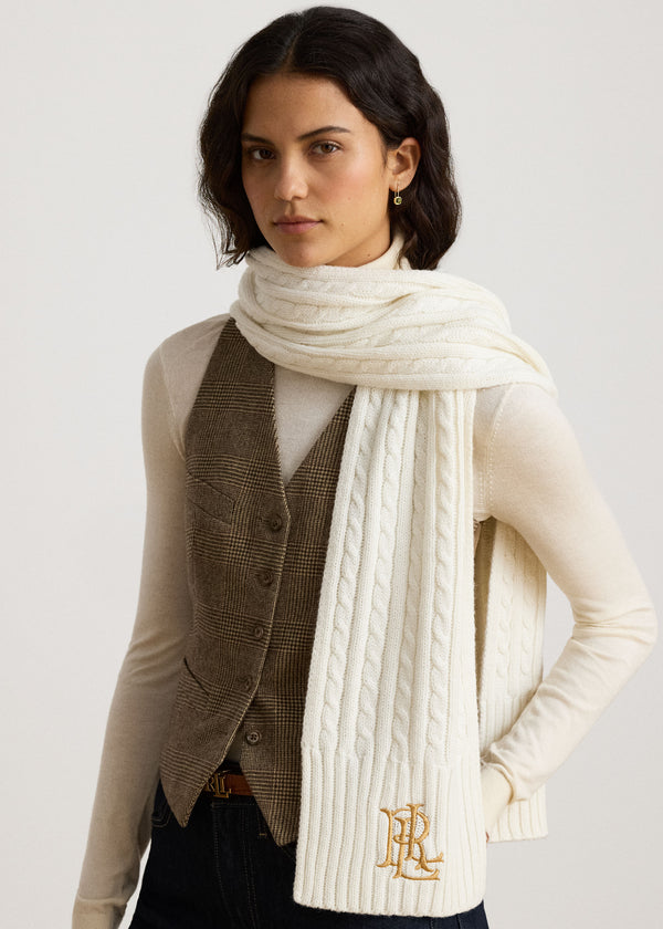 Embroidered Logo Cable Knit Cream Scarf