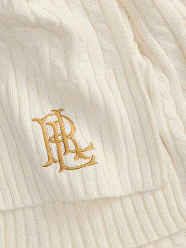 Embroidered Logo Cable Knit Cream Scarf