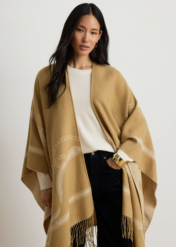 Belting-Motif Fringe Trim Jacquard Beige Ruana