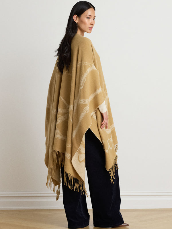 Belting-Motif Fringe Trim Jacquard Beige Ruana