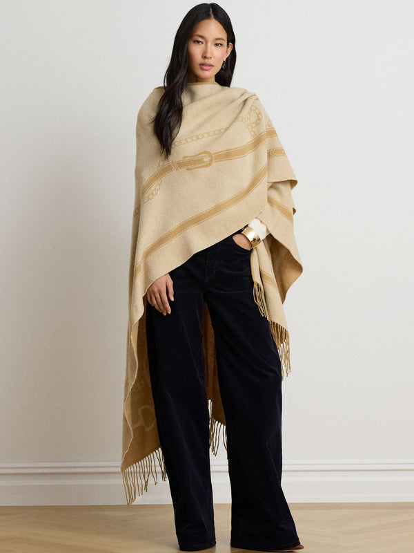 Belting-Motif Fringe Trim Jacquard Beige Ruana
