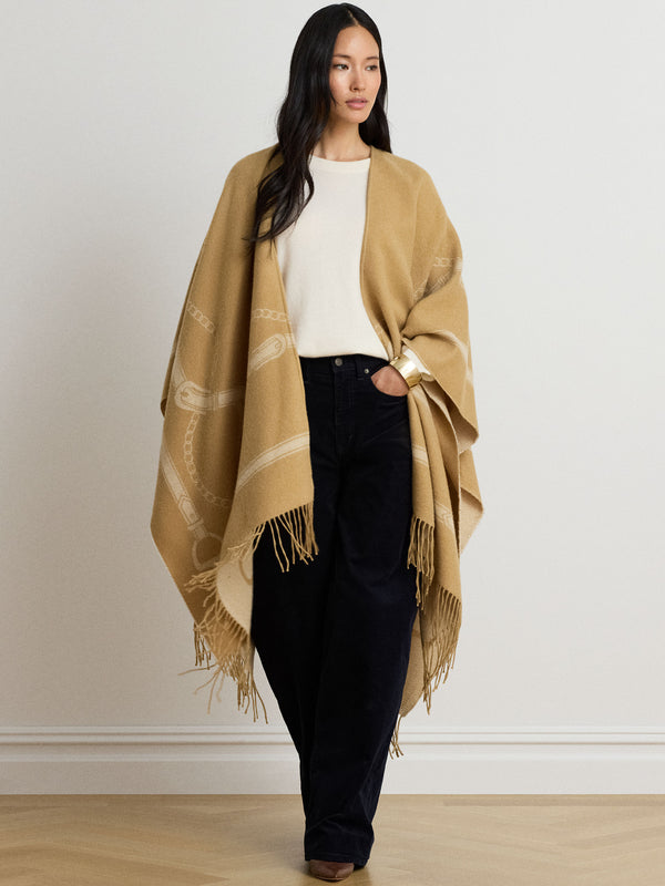 Belting-Motif Fringe Trim Jacquard Beige Ruana