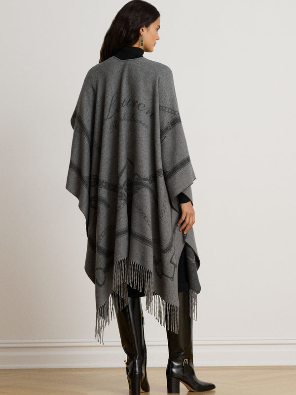 Belting-Motif Fringe Trim Jacquard Grey Ruana