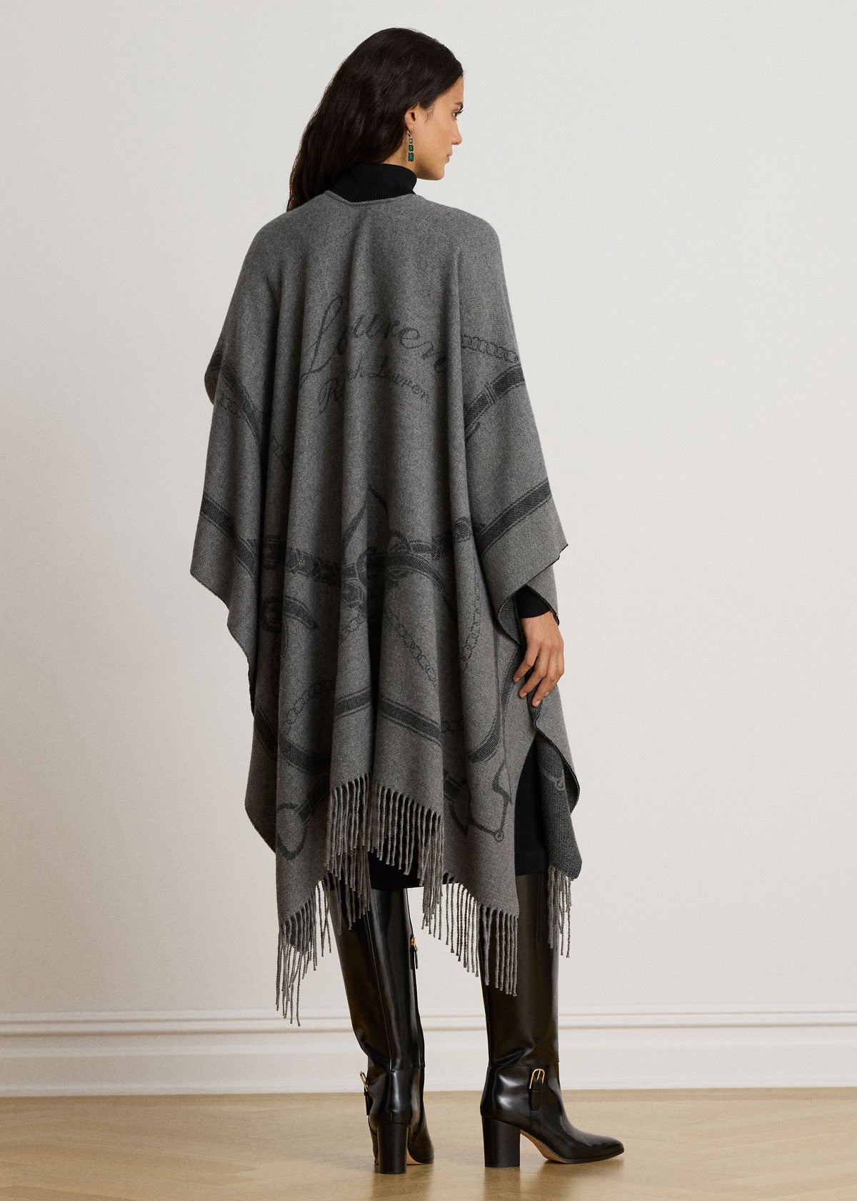Belting-Motif Fringe Trim Jacquard Grey Ruana