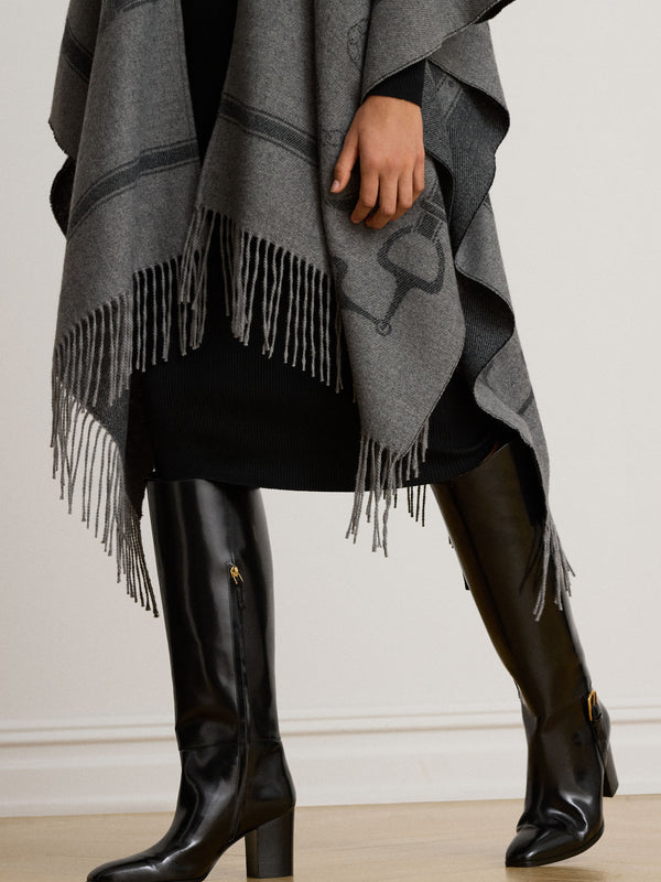 Belting-Motif Fringe Trim Jacquard Grey Ruana