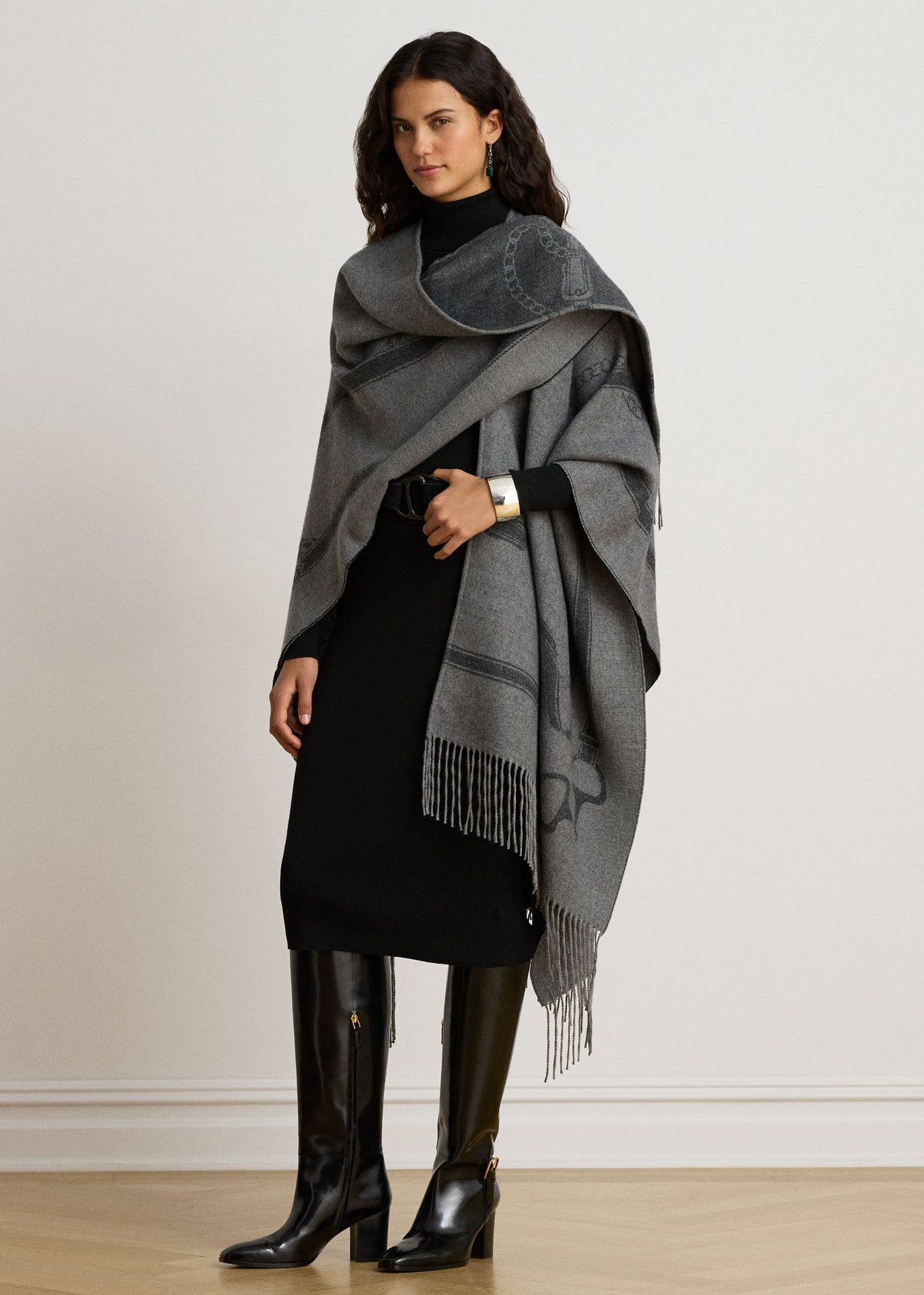 Belting-Motif Fringe Trim Jacquard Grey Ruana