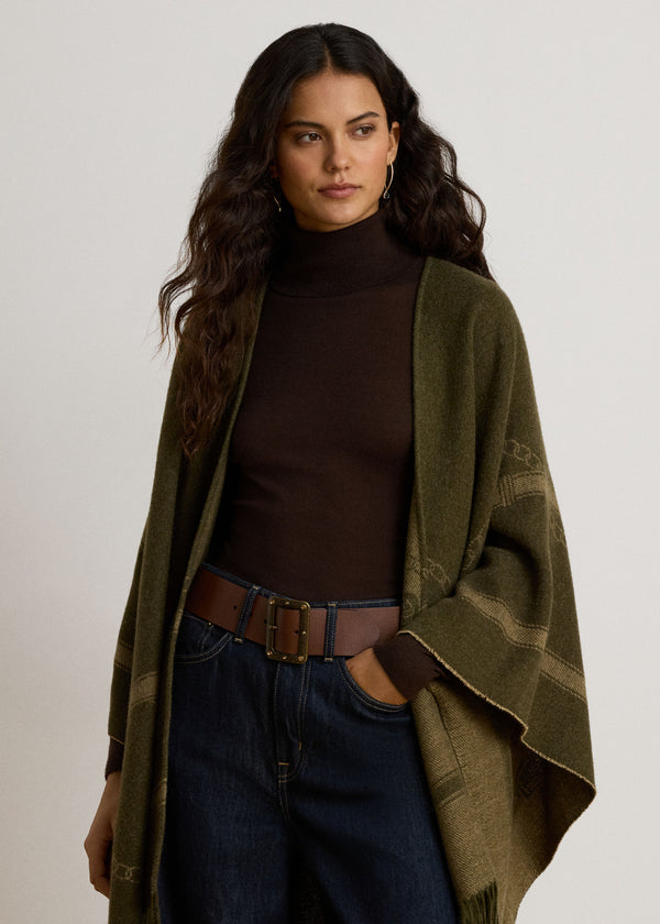 Belting-Motif Fringe Trim Jacquard Green Ruana