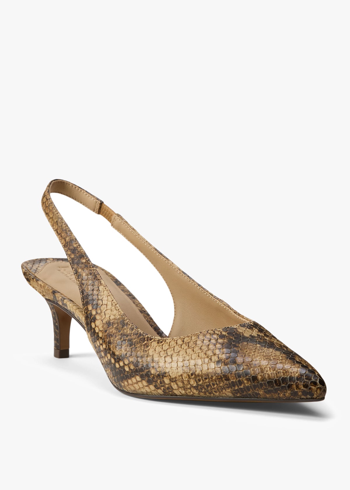 Lolah II Tan Leather Reptile Kitten Heel Slingbacks
