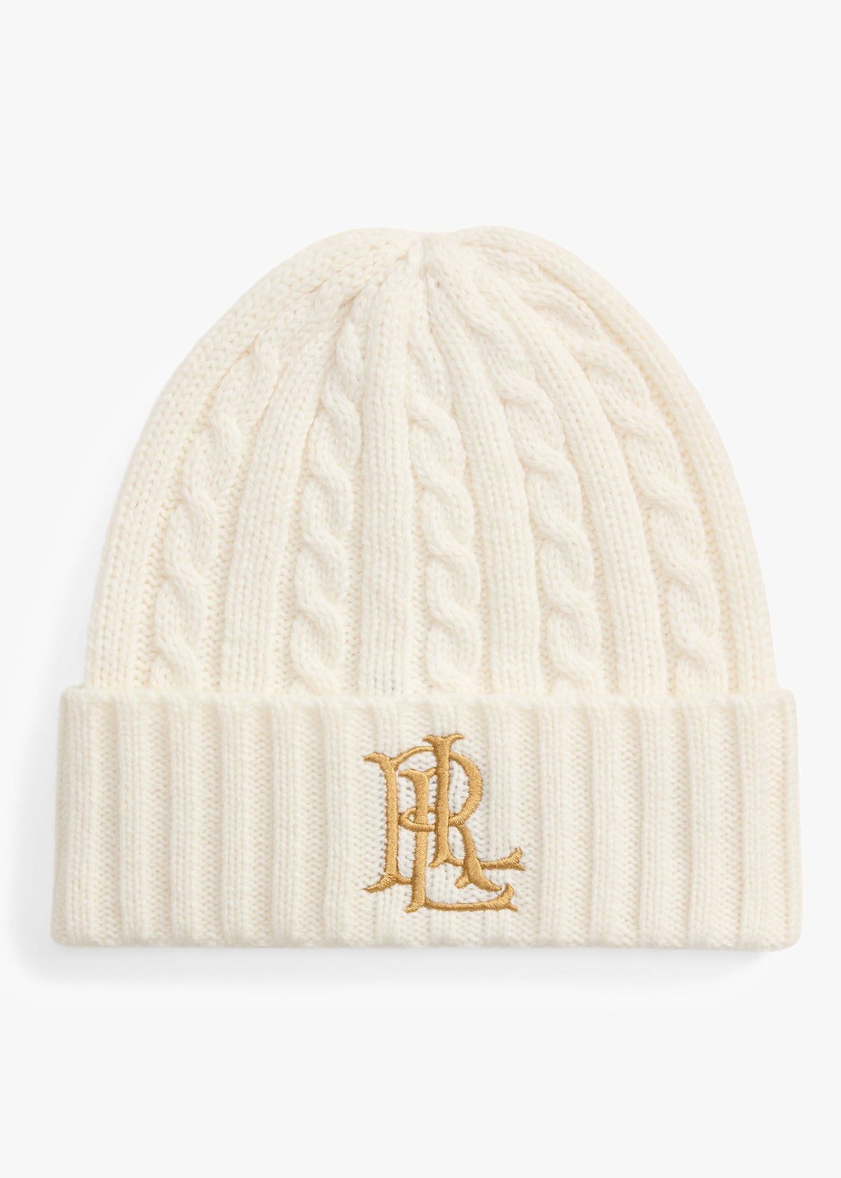 Lauren Ralph Lauren Embroidered Logo Cable Knit Cream Beanie Hat