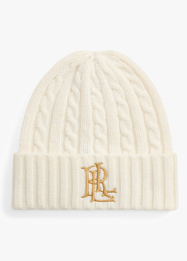 Lauren Ralph Lauren Embroidered Logo Cable Knit Cream Beanie Hat