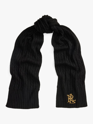 Embroidered Logo Cable Knit Black Scarf
