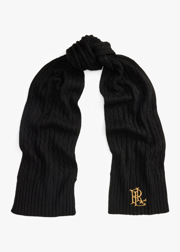 Embroidered Logo Cable Knit Black Scarf