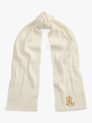 Embroidered Logo Cable Knit Cream Scarf