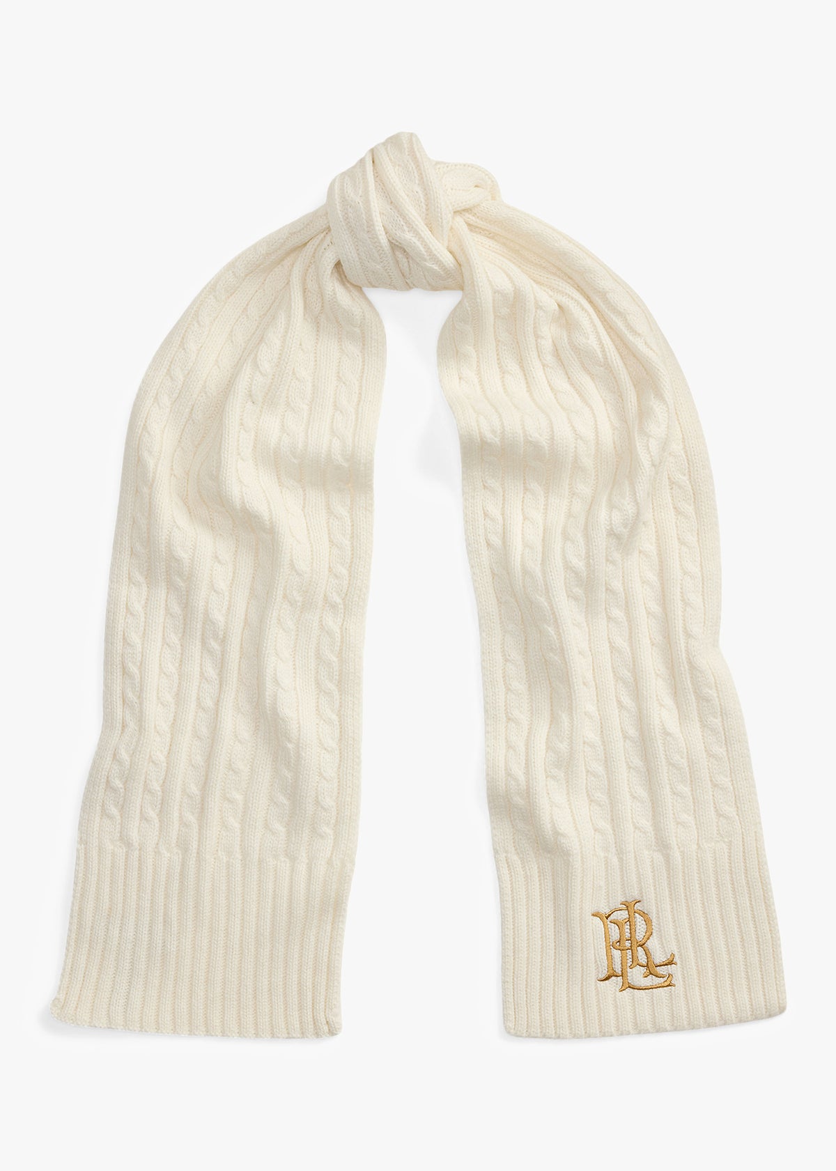 Embroidered Logo Cable Knit Cream Scarf