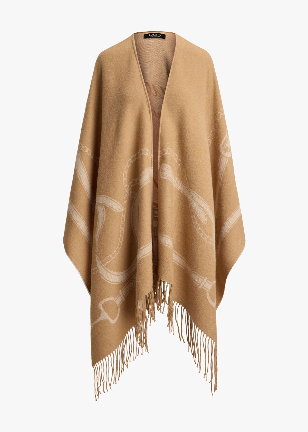 Belting-Motif Fringe Trim Jacquard Beige Ruana