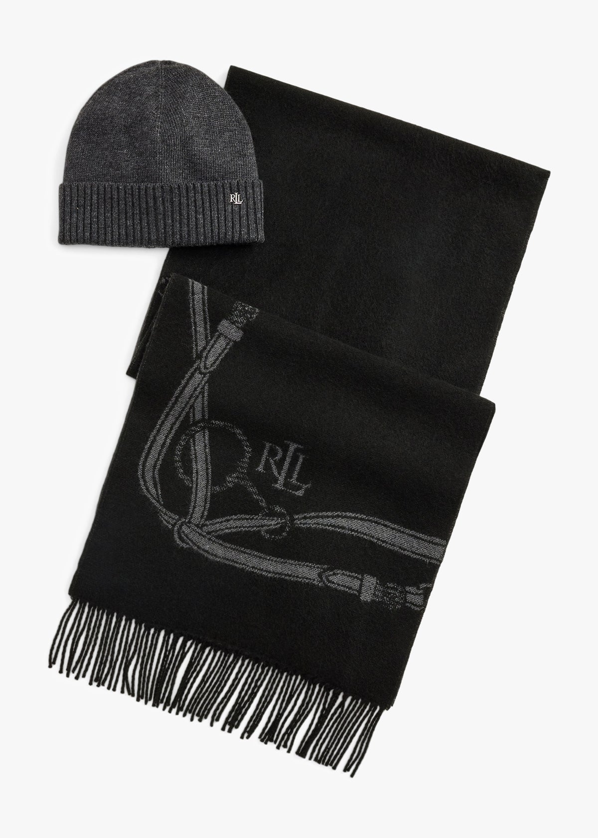 Belting-Motif Black Scarf & Beanie Gift Set