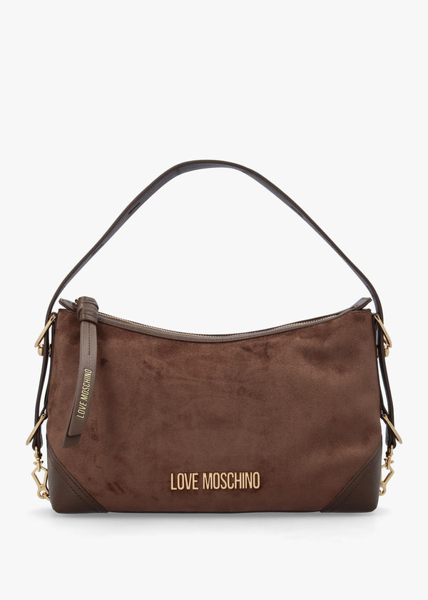 Brown Suedette Top Zip Shoulder Bag