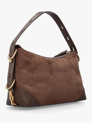 Brown Suedette Top Zip Shoulder Bag